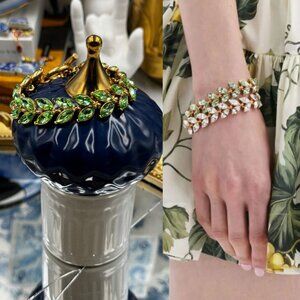 🆕 OSCAR DE LA RENTA 🧿 NWOT Crystal Leaves Bracelet, Green Gremstone